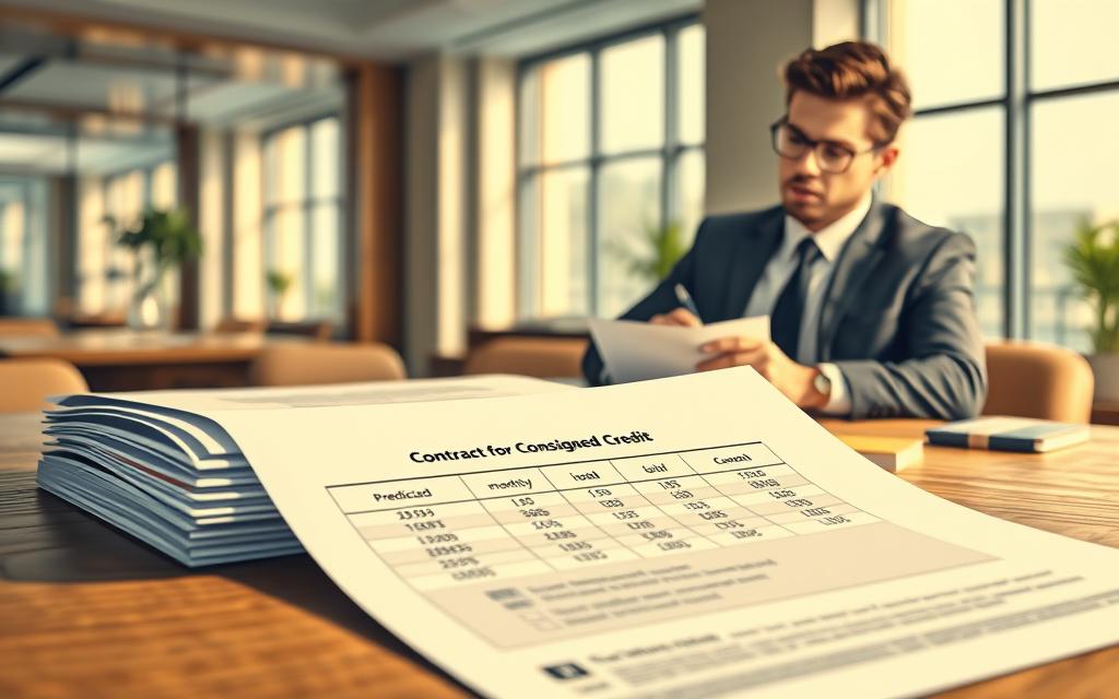 A detailed illustration of a "Contract for Consigned Credit" on a wooden desk, showcasing a digital display of monthly fees and charges. In the foreground, a neat stack of paperwork with numerical tables clearly showing predicted monthly discounts, highlighted by a soft light. The middle ground features a confident business professional in smart attire, holding a pen, contemplating the contract. In the background, there is an elegant office space with large windows allowing natural light to filter in, casting soft shadows. The mood is focused and professional, conveying a sense of diligence and clarity in financial decision-making. The image captures a moment of reflection and assessment, emphasizing responsibility in financial agreements. A detailed illustration of a "Contract for Consigned Credit" on a wooden desk, showcasing a digital display of monthly fees and charges. In the foreground, a neat stack of paperwork with numerical tables clearly showing predicted monthly discounts, highlighted by a soft light. The middle ground features a confident business professional in smart attire, holding a pen, contemplating the contract. In the background, there is an elegant office space with large windows allowing natural light to filter in, casting soft shadows. The mood is focused and professional, conveying a sense of diligence and clarity in financial decision-making. The image captures a moment of reflection and assessment, emphasizing responsibility in financial agreements.