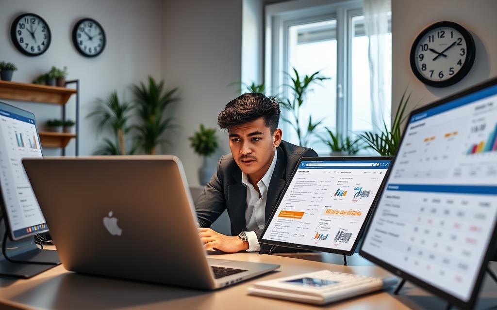 A modern consumer sitting at a sleek desk, intently comparing shipping costs, fees, and installment options on multiple electronic devices, including a laptop and a tablet. The foreground features detailed screens displaying various online shopping interfaces, filled with graphs and charts illustrating prices and discounts. In the middle, the consumer, a young adult in professional business attire, is thoughtfully analyzing the information with a focused expression. In the background, a cozy, well-lit home office environment with a few potted plants and a wall clock showing the time, enhancing the warm atmosphere. Soft, natural lighting illuminates the scene from a nearby window, creating a sense of calm and decision-making.
