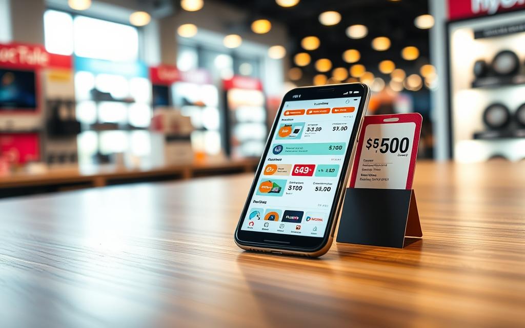 A modern smartphone placed on a sleek wooden table, with its screen displaying an online comparison of prices for electronics. The screen shows vibrant discount tags and highlights on various products, conveying a sense of urgency. Next to the phone, a physical retail tag is propped up, clearly indicating a higher price, emphasizing the contrast. In the background, a softly blurred electronics store setting can be seen, with neatly arranged products on shelves softly illuminated by warm overhead lights. The atmosphere is vibrant yet professional, capturing the savvy shopping spirit of Black Friday. The overall angle is slightly tilted down, focusing on the smartphone and the tag, with natural light streaming in through a window, enhancing the scene's clarity and appeal.