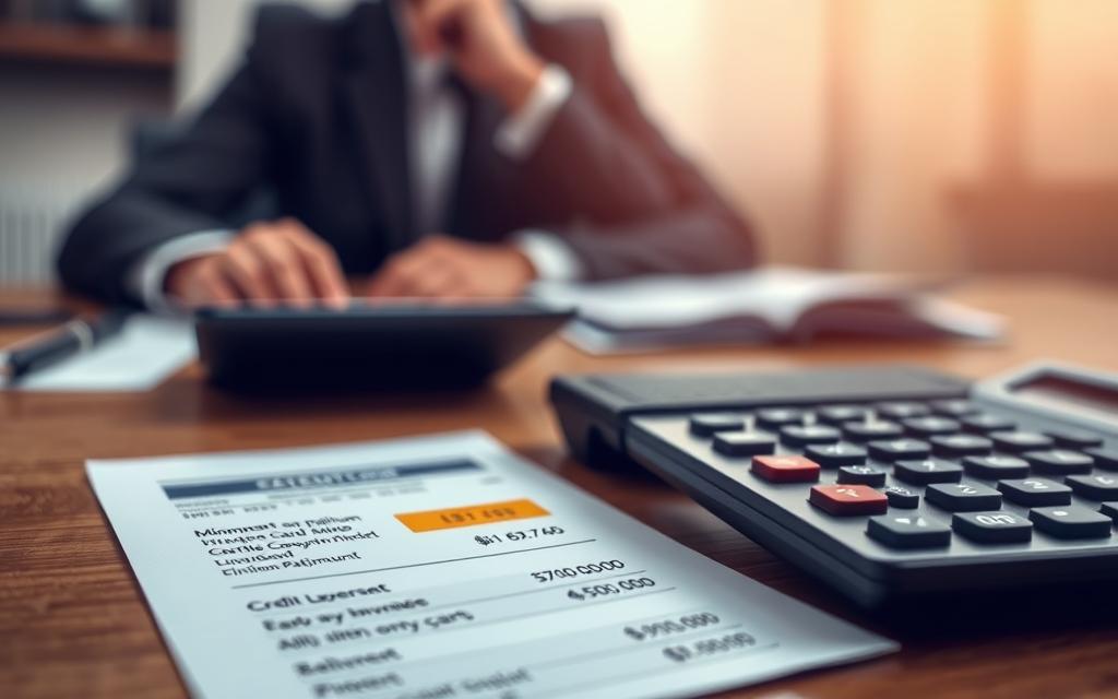 A visual representation of a credit card statement showing a balance increase after making only the minimum payment. In the foreground, a neatly arranged credit card and a calculator are placed on a wooden table. The middle ground features a close-up of the statement with clear figures and a highlighted minimum payment notice, elegantly analyzed with a financial pen. In the background, a blurred image of a person in professional attire sits thoughtfully, considering their financial decisions. The lighting is soft and warm, creating a reflective and serious atmosphere, while ensuring that the focus remains on the financial elements. Capture this scenario in a sharp focus lens, with a slightly elevated angle to convey depth. A visual representation of a credit card statement showing a balance increase after making only the minimum payment. In the foreground, a neatly arranged credit card and a calculator are placed on a wooden table. The middle ground features a close-up of the statement with clear figures and a highlighted minimum payment notice, elegantly analyzed with a financial pen. In the background, a blurred image of a person in professional attire sits thoughtfully, considering their financial decisions. The lighting is soft and warm, creating a reflective and serious atmosphere, while ensuring that the focus remains on the financial elements. Capture this scenario in a sharp focus lens, with a slightly elevated angle to convey depth.